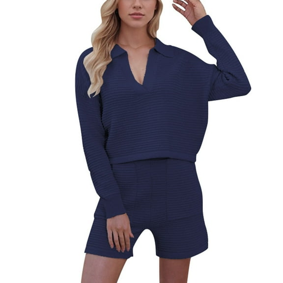 RMGVDSD Women Waffle Knit Casual 2 Piece Outfits Long Sleeve Shorts Matching Sets Fashion Sweatsuit Daily Casual Workout Sets