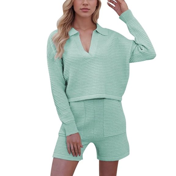 RMGVDSD Women Waffle Knit Casual 2 Piece Outfits Long Sleeve Shorts Matching Sets Fashion Sweatsuit Trendy Beach Travel Outfits