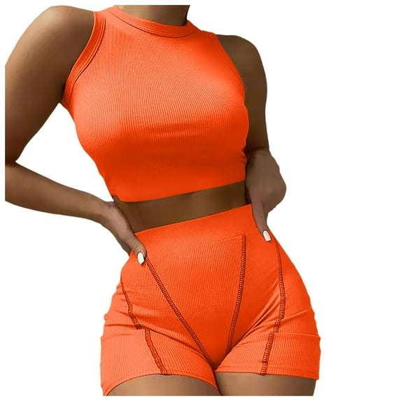 RMGVDSD Women Workout Set 2 Piece Seamless Ribbed Crop Tank High Waist Short Yoga Outfit Solid Color Slim Elegant Suit Shorts Tracksuit Sweatsuits