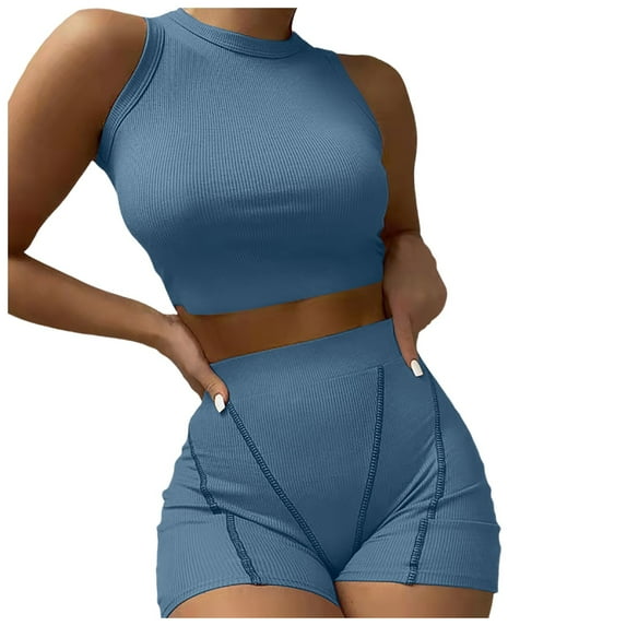 RMGVDSD Women Workout Set 2 Piece Seamless Ribbed Crop Tank High Waist Short Yoga Outfit Solid Color Slim Elegant Suit Vacation Beach Sweatsuits