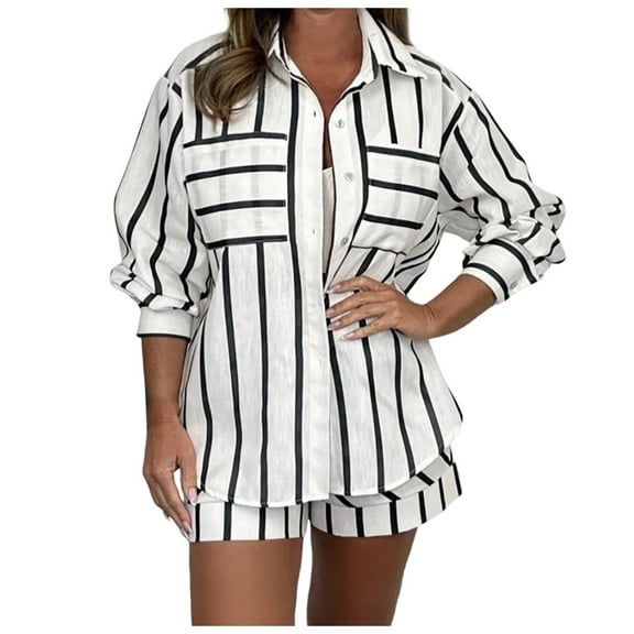 RMGVDSD Women's 2 Piece Outfits Casual Oversized Button Down Shirts And Short Pajamas Set Comfort Fit Workout Outfit