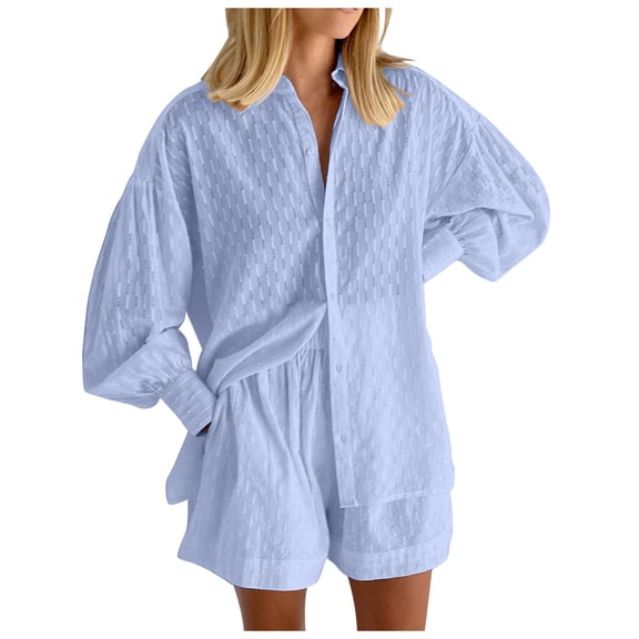 RMGVDSD Women's 2 Piece Outfits Oversized Long Puff Sleeve Blouse Shirt High Waisted Pocket Shorts Set Summer Clothes Women Shorts Sets Beachwear