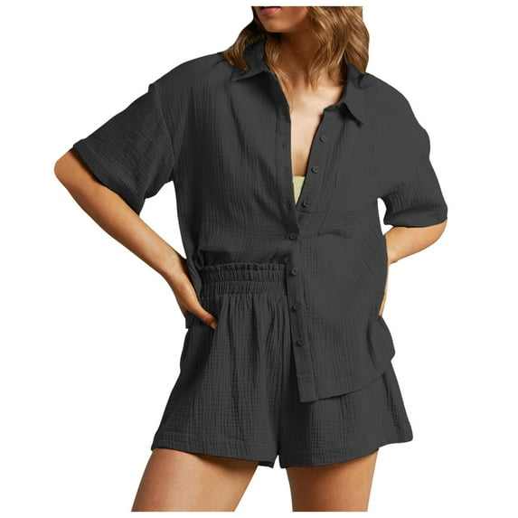 RMGVDSD Women's 2 Piece Outfits Solid Color Short Sleeve Shirts And High Waisted Shorts Summer Fashion Casual Suit Comfortable Loose Loungewear