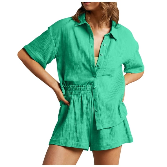 RMGVDSD Women's 2 Piece Outfits Solid Color Short Sleeve Shirts And High Waisted Shorts Summer Fashion Casual Suit Daily Casual Workout Sets