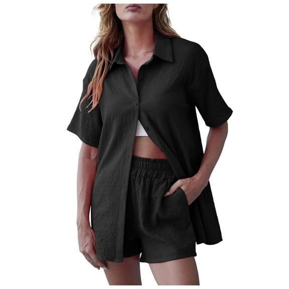 RMGVDSD Women's 2 Piece Outfits Summer Short Sets Short Sleeve Button Down Shirt Tops And Casual Shorts Suit Comfort Fit Workout Outfit
