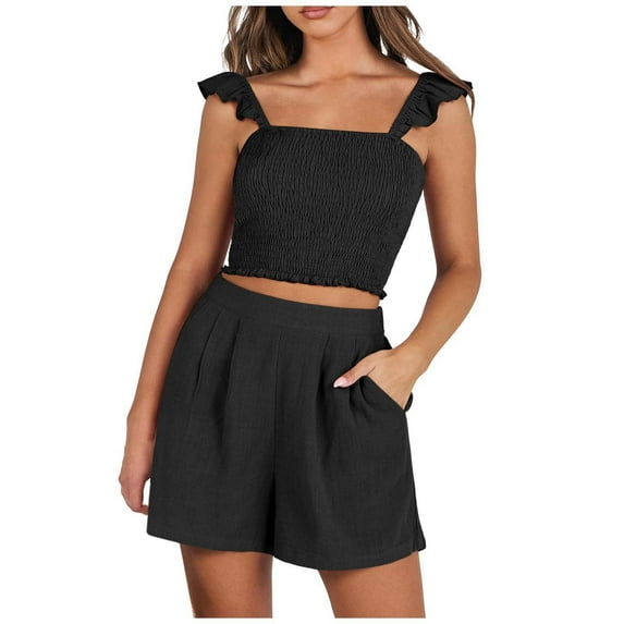 RMGVDSD Women's 2 Piece Summer Outfits Fashion Sleeveless Ruffle Strap Crop Tank Tops & Pocketed Shorts Casual Beach Shorts Set