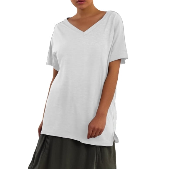 RMGVDSD Women's 2025 Fashion Tops Women's Casual Solid Color Short Sleeve V Neck T Shirt Loose Fit Top Spring Summer Beach Vacation Tshirts