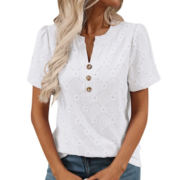 RMGVDSD Women's 2025 Fashion Tops Women's V Neck Button Down T Shirt Casual Comfortable Summer Top Home Outdoor Wear Beach Vacation Tshirts
