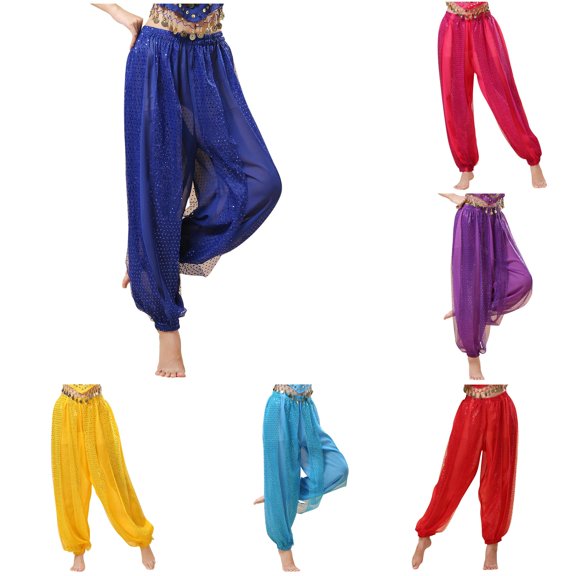 RMGVDSD Women's Belly Dance Pants, Elastic Wasited Sequin Pants Shiny Harem Pant Belly Dance Performance Trousers Carnival Holiday ,S