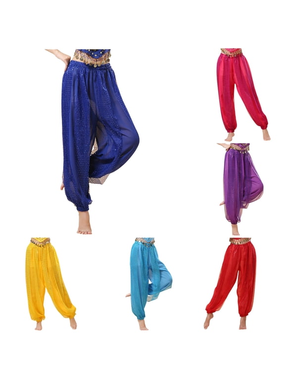 Women's Belly Dance Pants, Elastic Wasited Sequin Pants Shiny Harem Pant Belly Dance Performance Trousers Carnival Holiday ,S
