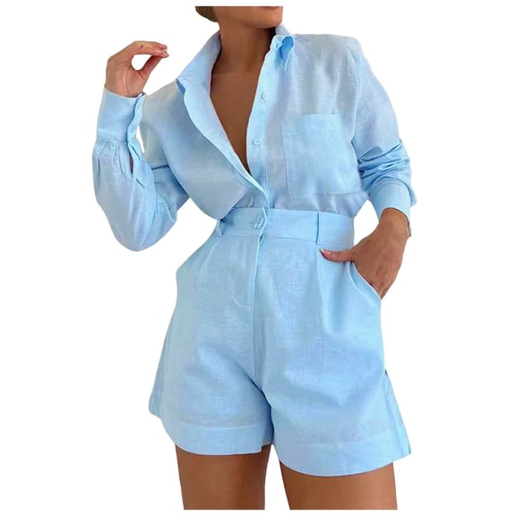 RMGVDSD Women's Casual Suit Solid Color Summer Shorts And Lapel Shirt Top Two Piece Set Fashion Vacation Outfits Business Casual Dressy Outfit