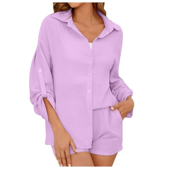 RMGVDSD Women's Casual Two Piece Outfits Classic Lapel Long Sleeve Button Down Shirts With Matching Shorts Set Comfy Loungewear Matching Set
