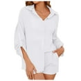 thumbnail image 1 of RMGVDSD Women's Casual Two Piece Outfits Classic Lapel Long Sleeve Button Down Shirts With Matching Shorts Set Daily Casual Workout Sets, 1 of 9