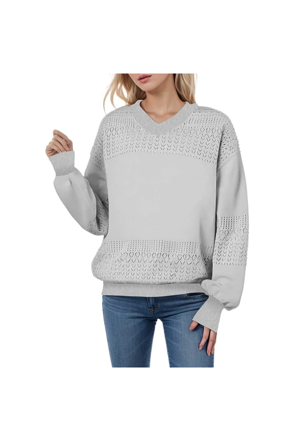 Women's Casual V-Neck Long Sleeve Sweaters Solid Color Pullover Knit Sweater Jumper Tops Comfort Pullover Sweater Tops /Grey