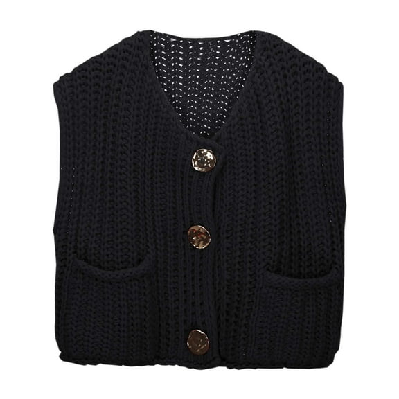 RMGVDSD Women's Cropped Sweater Vest Cute Crewneck Button Down Sleeveless Crop Knit Cardigan With Pockets Solid Color Trendy Casual Fall Sweater /Black
