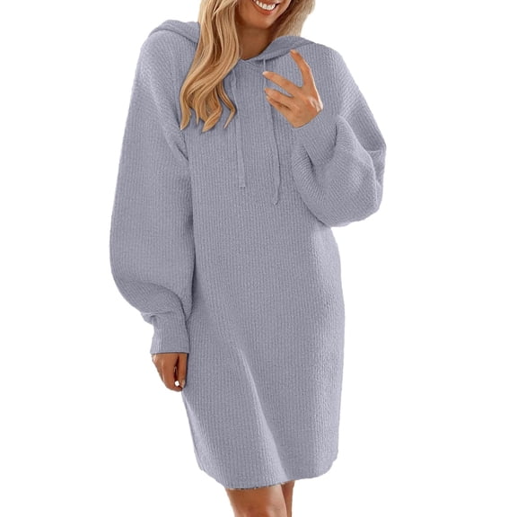 RMGVDSD Women's Fall Knitted Pullover Sweater Dress Casual Long Sleeve Drawstring Short Hoodie Dresses Solid Color Sweater Fall Fashion Clothes /Grey