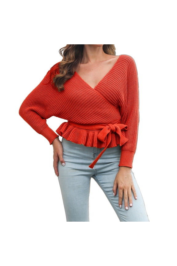 Women's Fall Wrap V Neck Long Batwing Sleeve Belted Waist Ruffle Knitted Sweater Pullover Top Solid Color Fashion Pullover Sweater Tops /Red