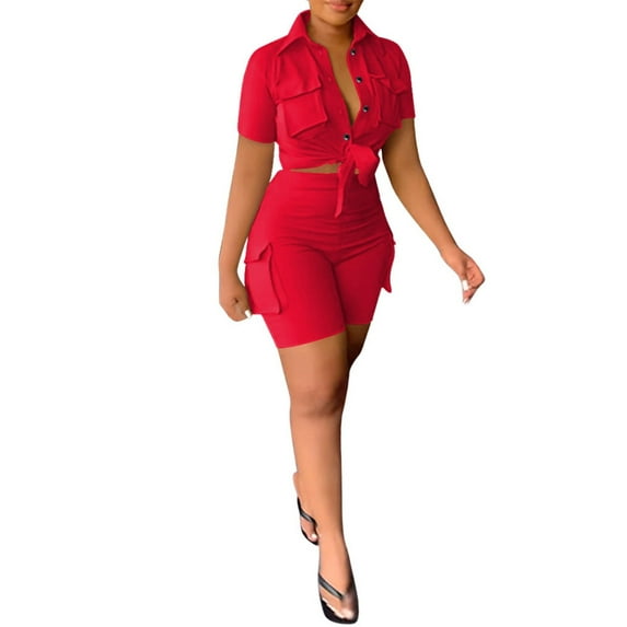 RMGVDSD Women's Fashion Casual Shirt Tie Up Short Sleeved Shorts Solid Color Two Piece Set Casual Beach Shorts Set