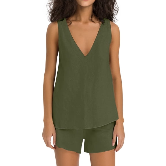 RMGVDSD Women's Fashion Casual Solid Color V Neck Tank Top And Elastic Waist Shorts Two Piece Set Daily Casual Fashion Suits