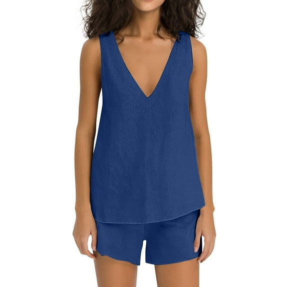 RMGVDSD Women's Fashion Casual Solid Color V Neck Tank Top And Elastic Waist Shorts Two Piece Set Women Beach 2 Piece Outfits