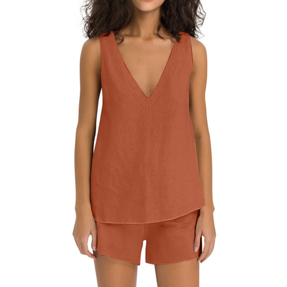 RMGVDSD Women's Fashion Casual Solid Color V Neck Tank Top And Elastic Waist Shorts Two Piece Set Women Beach 2 Piece Outfits