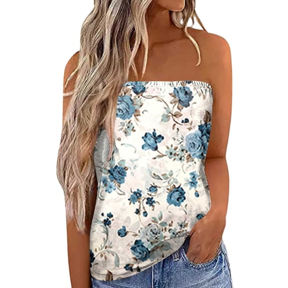 RMGVDSD Women's Floral Tube Tops Women Print Strapless Bandeau Tank Summer Backless Tube Top Sleeveless Loose Holiday Shirts Blouses Stylish Blouses