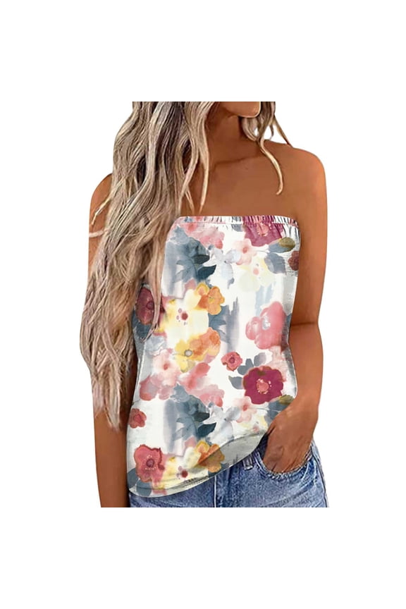 Women's Floral Tube Tops Women Print Strapless Bandeau Tank Summer Backless Tube Top Sleeveless Loose Holiday Shirts Blouses Versatile Camisoles