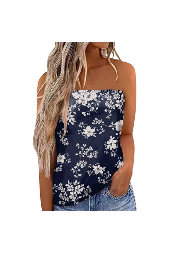 Women's Floral Tube Tops Women Print Strapless Bandeau Tank Summer Backless Tube Top Sleeveless Loose Holiday Shirts Blouses Versatile Tees