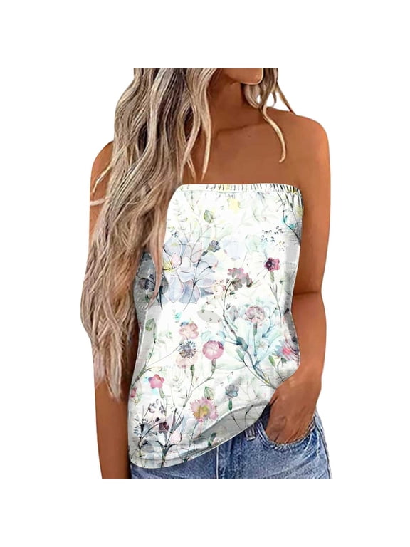 Women's Floral Tube Tops Women Print Strapless Bandeau Tank Summer Backless Tube Top Sleeveless Loose Holiday Shirts Blouses Workout Tees Shirts