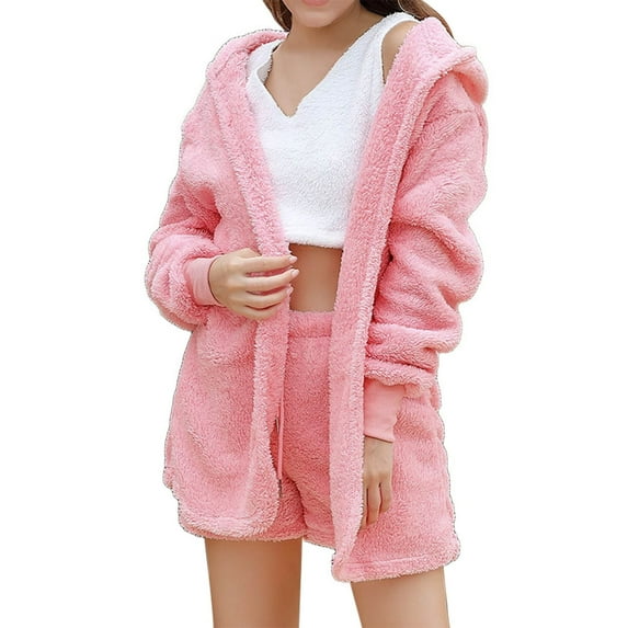 RMGVDSD Women's Fuzzy 3 Piece Outfits Pajamas Warm Hooded Cardigan Crop Top Shorts Set Pajamas Loungewear Nightwear Womens Pajama Set Comfy Soft Cute Sleepwear