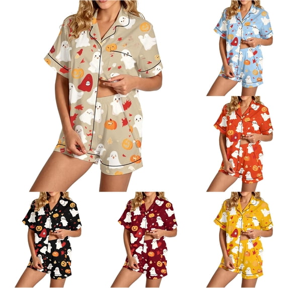 RMGVDSD Women's Halloween Pajama Sets Cute Print Pajamas Shorts Set, 2 Piece Button Down Loungewear, Short Sleeve Sleepwear Nightwear Relaxed Fit Home Clothes