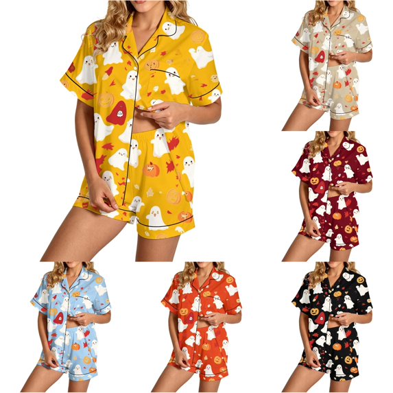 RMGVDSD Women's Halloween Pajama Sets Cute Print Pajamas Shorts Set, 2 Piece Button Down Loungewear, Short Sleeve Sleepwear Nightwear Relaxed Fit Home Clothes