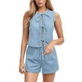 thumbnail image 1 of RMGVDSD Women's Jean Vest Tie Front Sleeveless Crop Denim Vest Top And Shorts Trendy Summer Outfits Daily Casual Fashion Suits, 1 of 4