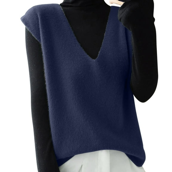 RMGVDSD Women's Knit Vest Deep V Neck Loose Fitting Sleeveless Pullover Sweater Vests Casual Wear Solid Color Pullover Knit Sweater Top /Navy