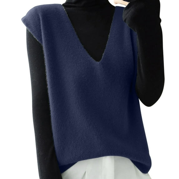 RMGVDSD Women's Knit Vest Deep V Neck Loose Fitting Sleeveless Pullover Sweater Vests Casual Wear Solid Color Pullover Knit Sweater Top /Navy