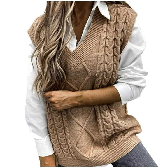 RMGVDSD Women's Knit Vest Sweater V Neck Sleeveless Cardigan Pullover Top Casual Wear Solid Color Fashion Winter Clothes Sweater /Khaki