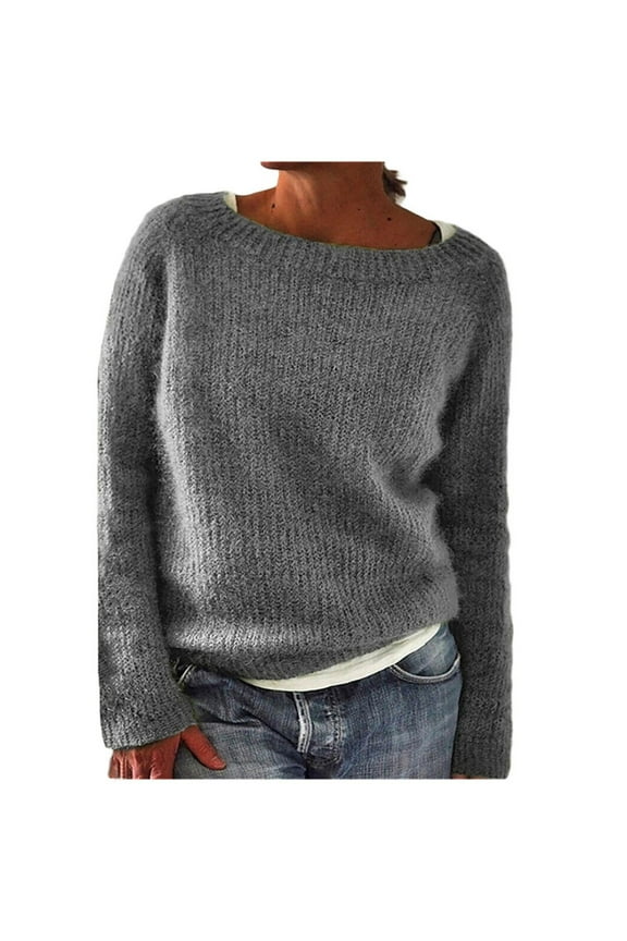 Women's Knitted Sweater Vintage Long Sleeve Boat Neck Retro Lightweight Pullover Top For Fall Winter Solid Color Fall Classic Soft Sweaters /Grey