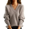 thumbnail image 1 of RMGVDSD Women's Long Sleeve V Neck Sweaters Solid Color Knitted Sweater Casual Relaxed Fit Pullovers Knit Pullover Sweater Tops /Khaki, 1 of 3