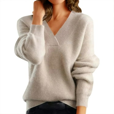 RMGVDSD Women's Long Sleeve V Neck Sweaters Solid Color Knitted Sweater Casual Relaxed Fit Pullovers Loose Fit Basic Pullover Top /Beige