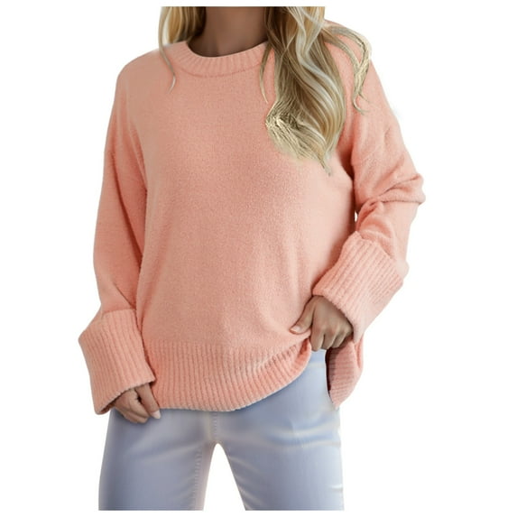 RMGVDSD Women's Oversized Sweater Crewneck Long Sleeve Oversized Fuzzy Knit Warm Pullover Sweater Top Solid Color Soft Sweater Fashion Outfit /Pink