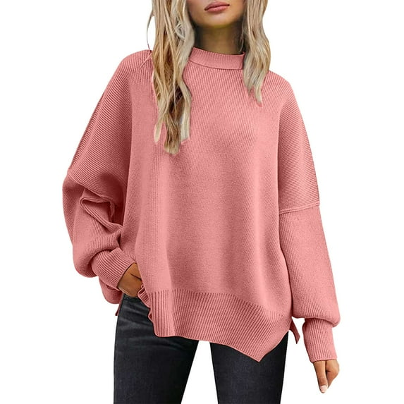 RMGVDSD Women's Oversized Sweaters Casual Loose Pullover Crewneck Sweatshirt Split Knitting Sweater Long Sleeve Sweater Solid Color Soft Pullover Hoodie Knitwear /Pink