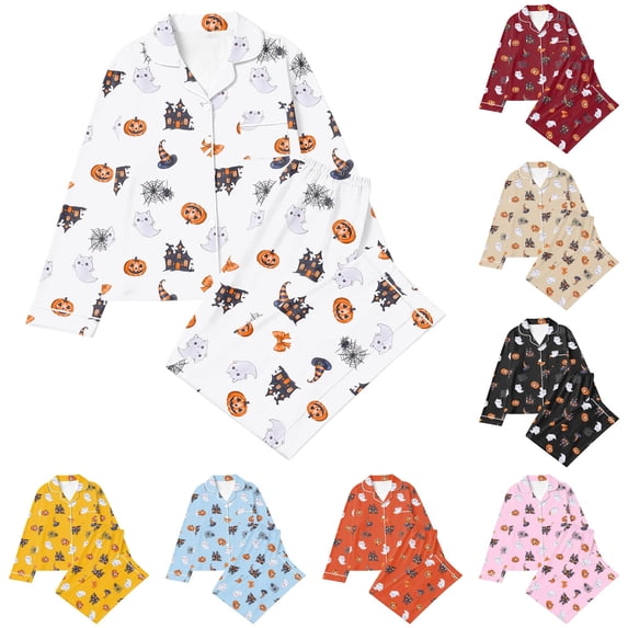 RMGVDSD Women's Pajama Sets Cute Print Halloween Pajamas Soft Sleepwear Long Sleeve Button Down Loungewear Ladies Soft Comfy Pajama