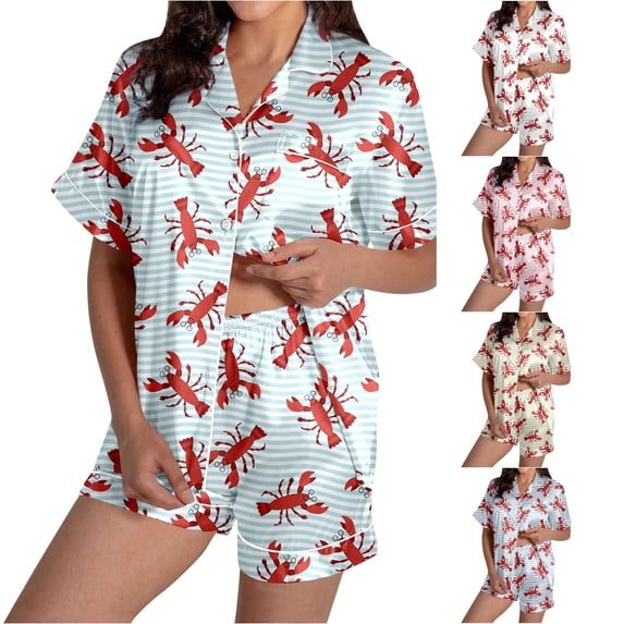 RMGVDSD Women's Pajama Sets Graphic Printed Short Sleeve Shorts Satin Pajamas Set for Home Comfortable Sleepwear Loungewear Outfit Halloween