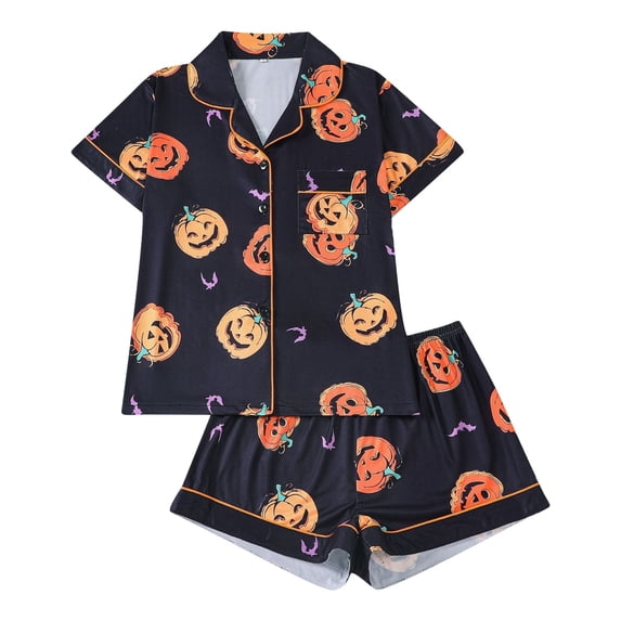 RMGVDSD Women's Pajama Sets Womens Halloween Pajamas Cute Printed Short Sleeve Button Down Tops And Shorts Sleepwear Set Pajamas Loungewear Comfy Jammies Sleepwear