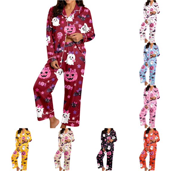 RMGVDSD Women's Pajamas Set 2 Piece Halloween Cute Printed Short Sleeve Top & Long Pants Sleepwear Pajama Sets Casual Fashion Relaxed Fit Nightwear
