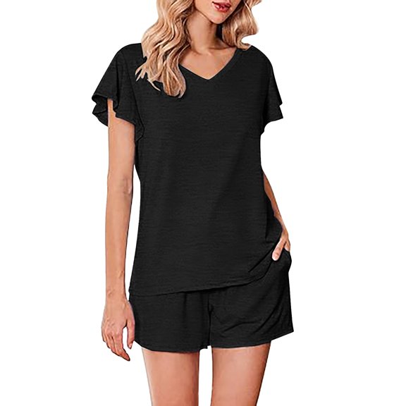 RMGVDSD Women's Pajamas Summer Leisure V Neck Ruffle Sleeve T Shirts And Shorts Loungewear Set Women Shorts Sets Streetwear