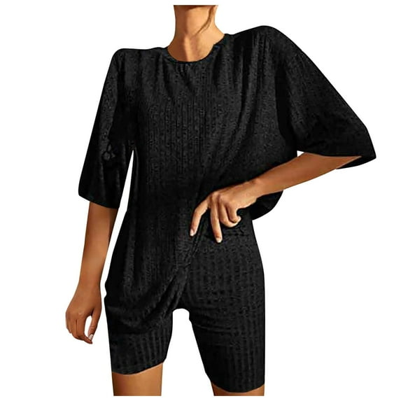 RMGVDSD Women's Plus Size 2 Piece Outfits Ribbed Knit Matching Outfits T Shirt Shorts Sets Tracksuits Cozy Pajamas Sweatsuit Set