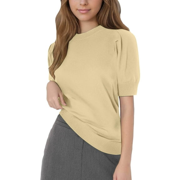 RMGVDSD Women's Short Sleeved Sweater Top For Spring/Summer Fashion Round Neck Casual T Shirt Shirt Solid Color Casual Pullovers Jumpers /Yellow