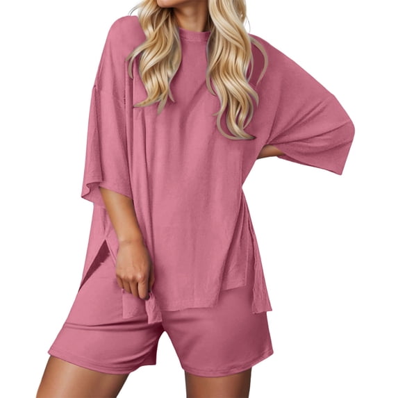 RMGVDSD Women's Shorts Suit Summer Casual Round Neck T Shirt And Athletic Shorts Set Comfortable Sports Wear Comfort Fit Women Outfits