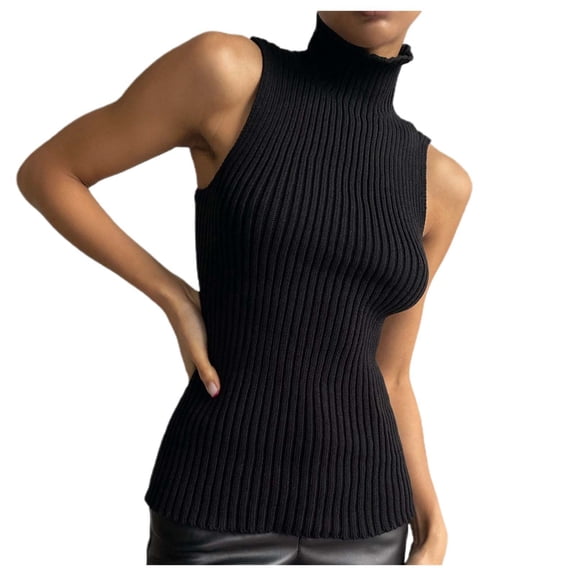 RMGVDSD Women's Solid Color Fashion Turtleneck Sleeveless Sweater Slim Fit Knit Tank Top Pullover Trendy Pullover Sweater Top /Black